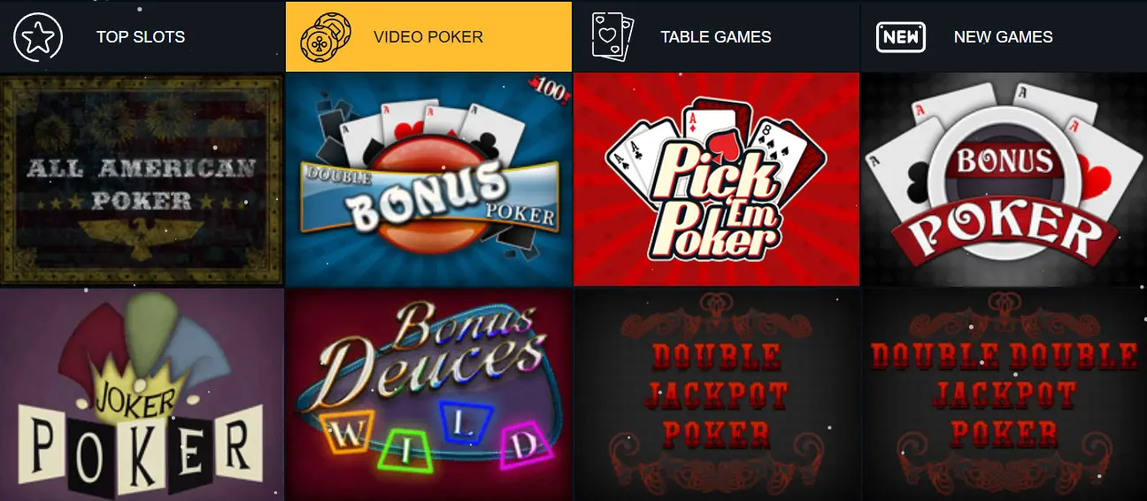 Video Poker games including Jacks or Better and Deuces Wild